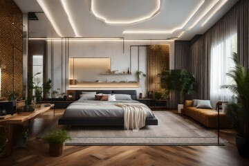 A spacious modern bedroom interior captured in a realistic photographic style