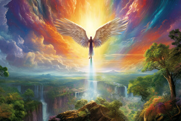 The concept of ``Garden of Eden'' that appears in the Old Testament ``Genesis''. Angel wings descend on "Paradise". The garden is filled with happiness, hope, and love.