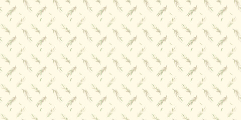 Vector illustration, Seamless pattern, olive leaves in pastel green-beige tones on a beige background. Wallpaper, fabric, textile, packaging, product design.
