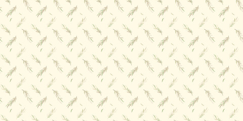 Vector illustration, Seamless pattern, olive leaves in pastel green-beige tones on a beige background. Wallpaper, fabric, textile, packaging, product design.