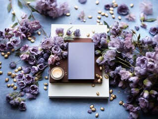 Mockup frame with blank paper card, candle and beautiful purple flowers scattered on the table, top view