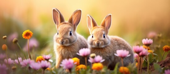 Tiny baby bunnies happily playing in a garden surrounded by blooming flowers during springtime