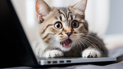 the cat is working on a laptop