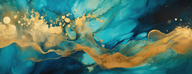Fototapeta na wymiar Liquid Gold and Blue Abstract Painting