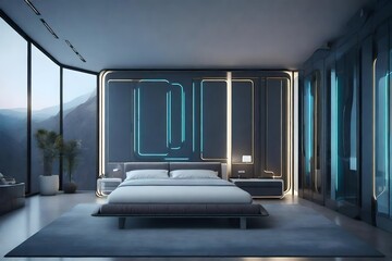 A futuristic bedroom interior set in a high-tech, minimalist environment, the 3D rendering focusing on the integration of technology into the design, with smart closets and cabinets