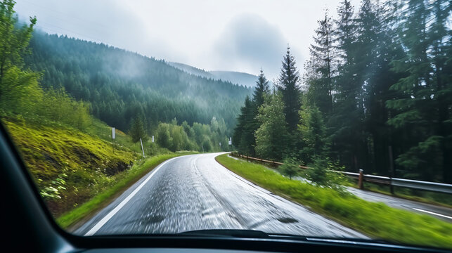 Rainy Mountain road drive in greenery. Driving through