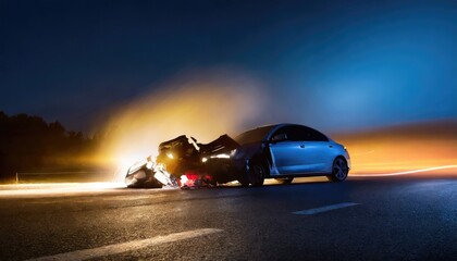 Fototapeta na wymiar Car crash dangerous accident on the road at night. copy space