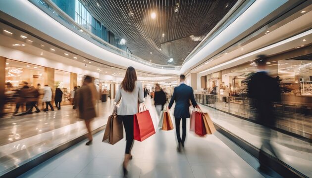 Blurred background of a modern shopping mall with some shoppers. Shoppers walking at shopping center, motion blur. Abstract motion blurred shoppers with shopping bags