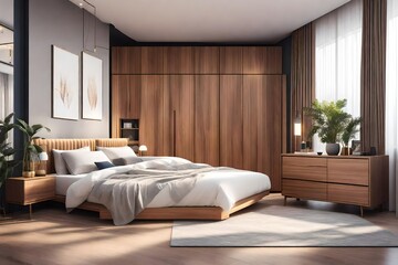 A spacious modern bedroom interior captured in a realistic photographic style