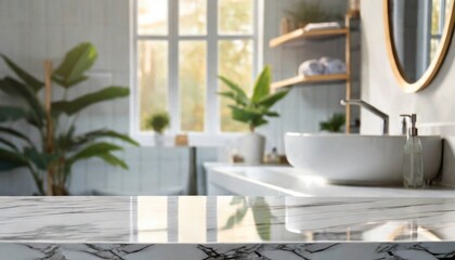 White bathroom interior. Empty marble table top for product display with blurred bathroom interior background