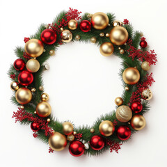 Fototapeta na wymiar Christmas tree ornaments and pine branch on neutral background