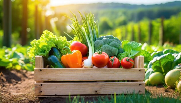 Wooden box of farm fresh vegetables in bright sunlight in vegetable garden