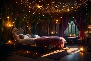 An enchanting fairy tale bedroom with a heart-shaped bed, the room surrounded by a magical forest