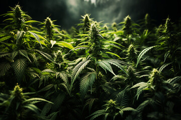 Hemp plants growing on a plantage field, medical marijuana, cannabis leaves, alternative medicine, narcotic drug - obrazy, fototapety, plakaty