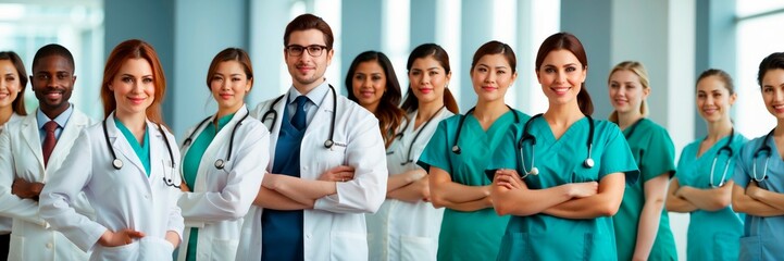 group of dedicated medical professionals in a hospital setting. Dressed in scrubs and lab coats, they represent the front line of healthcare. One individual stands out with a stethoscope. 