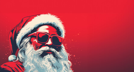 santa wearing sunglasses portrait on red background with snow, vintage retro style print, with copy text space - obrazy, fototapety, plakaty