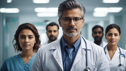 Obraz premium This image captures a group of dedicated medical professionals in a hospital setting. Dressed in scrubs and lab coats, they represent the front line of healthcare