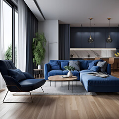 Modern Minimalist Living Room Interior Design in a Scandinavian Apartment with Dark Blue Sofa and Recliner Chair, Generative AI