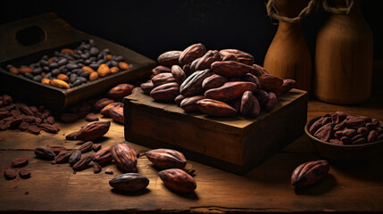 Raw Cocoa beans and cocoa pod on a wooden surface