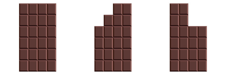 Dark chocolate bar set. Unwrapped square pieces of different chocolate. Cocoa organic product vector illustration