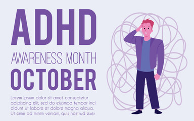 Man with adhd symptoms, suffers from obsessive thoughts, confusion, psychological stress, mind disorder vector poster