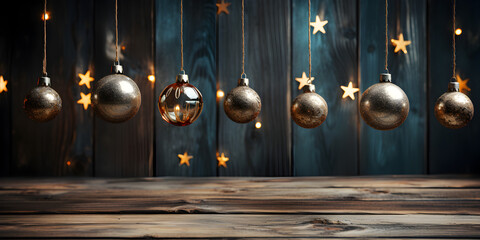 19th century rustic wooden Christmas decorations laid out artistically background with empty space for text 