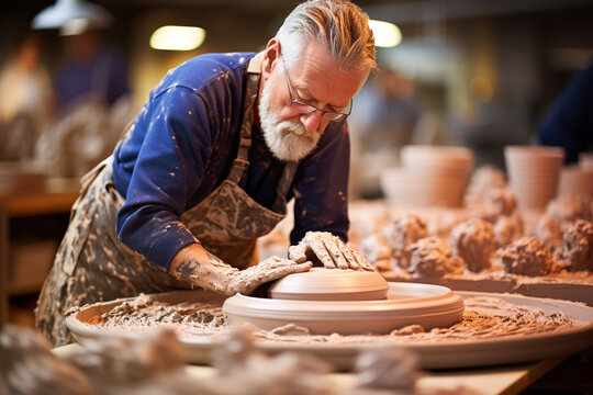 Pottery workshop, modeling clay on a potter's wheel, art class and leisure activity, learning new skill