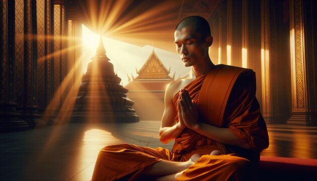 Monk Meditates in Temple Bathed in Ethereal Golden Light