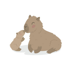 Mother capybara with her baby. A little capybara kisses his mother. Capybara family. Love for a child. Cute animal characters