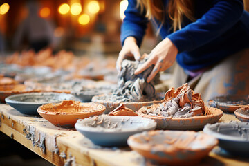 Pottery workshop, modeling and mixing clay, art class and leisure activity, learning new skill - obrazy, fototapety, plakaty