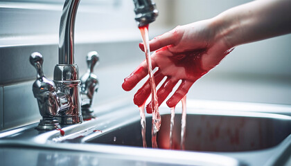 Washing hands with blood. washing bleeding hands in sink. Crime scene,murder,accident concept copy space - obrazy, fototapety, plakaty