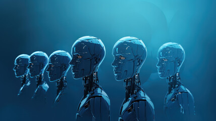 Abstract AI Human Heads on Blue