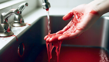 Washing hands with blood. washing bleeding hands in sink. Crime scene,murder,accident concept copy space
