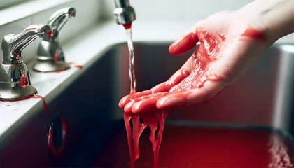 Fotobehang Washing hands with blood. washing bleeding hands in sink. Crime scene,murder,accident concept copy space © annebel146