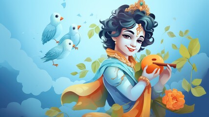 Janmashtami day. Mahabharata, Lord Krishna. A Hindu god. Indian mythology. Blue background - obrazy, fototapety, plakaty