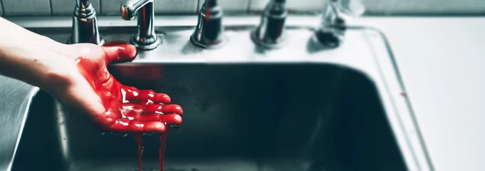 Deurstickers Washing hands with blood. washing bleeding hands in sink. Crime scene,murder,accident concept copy space © annebel146