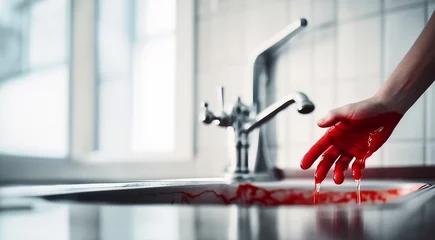 Deurstickers Washing hands with blood. washing bleeding hands in sink. Crime scene,murder,accident concept copy space © annebel146
