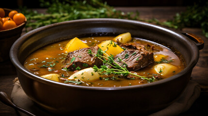 Beef tail soup with potatoes and thyme.