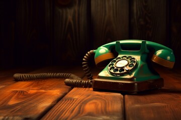 A vintage retro phone resting on a rustic wooden surface. Generative AI