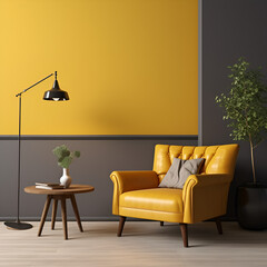 Modern Living Room Interior Design with Tufted Armchair, Coffee Table, and Lamp Near a Yellow Wall, Generative AI