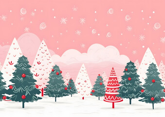 Fototapeta premium Christmas background, vector and illustration style. Retro Xmas decoration with tree, Santa Claus when winter.