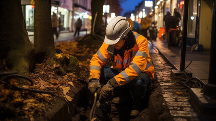 Worker in reflective gear by city sidewalk.