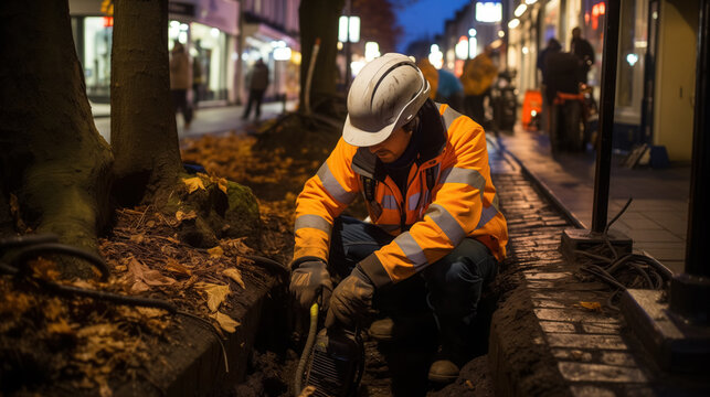 Worker In Reflective Gear By City Sidewalk.