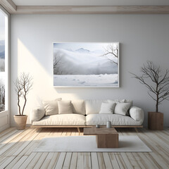 Minimalistic Living Room with White Sofa, Wooden Floor, Wall Decor, and White Landscape View Through the Window, Generative AI