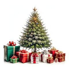 Fototapeta na wymiar Christmas Tree with Gifts and Baubles on Isolated White Background