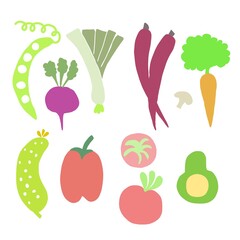 Set of flat vegetables, bright food clipart