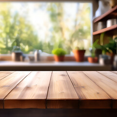Wooden Table on Blurred Kitchen Bench Background - Empty Wooden Table and Blurred Kitchen Scene, Generative AI