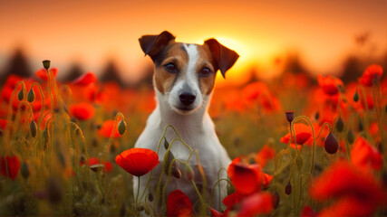 Jack russell terrier dog in poppies field at sunset - obrazy, fototapety, plakaty