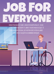 Young disabled man in wheelchair working, vector flat cartoon style