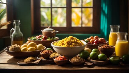 Typical Brazilian food illuminated by a window. Variety of recipes and ingredients placed in wooden and ceramic bowls on a wooden table, with a rustic style.